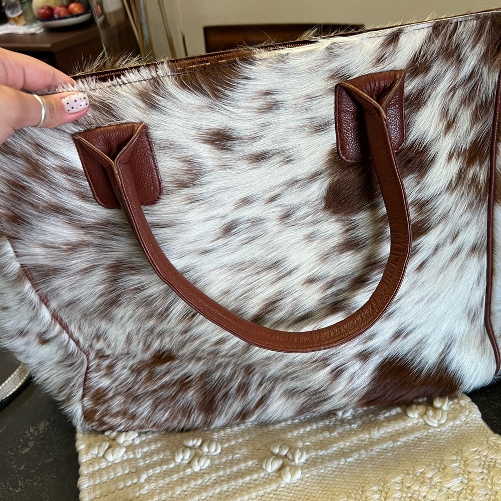 Brown and White Cowhide Tote Bag